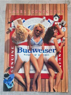 VINTAGE 1987 BUDWEISER BEER LABEL CONSCIOUS POSTER SWIMSUIT GIRLS 28 X 20